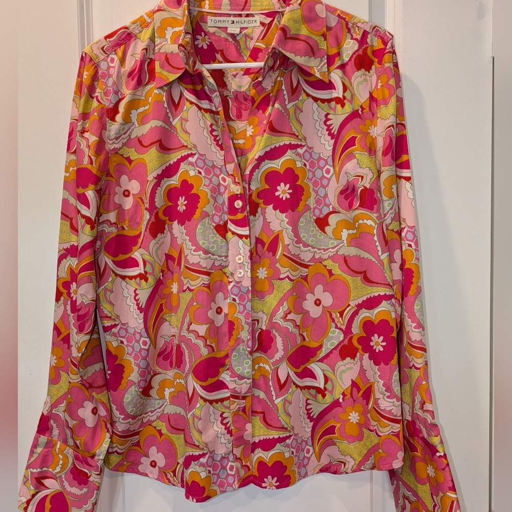 Tommy Hilfiger Retro 70s Mod Pink Floral Button Down Top Size Large